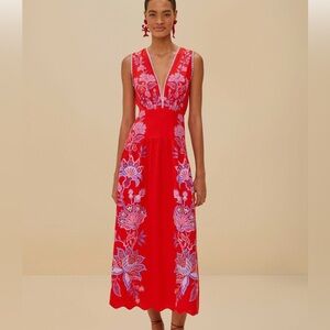 Farm Rio Porcelain Garden Red Linen A-Line Midi Dress